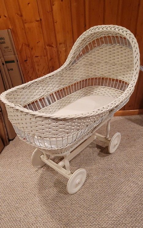Vintage Baby / Infant Bassinet - White Wicker - 2 Cushion Pads and Skirt / 99 yrs old