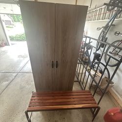 Tall Storage Wardrobe Cabinet + Wood Entry Bench