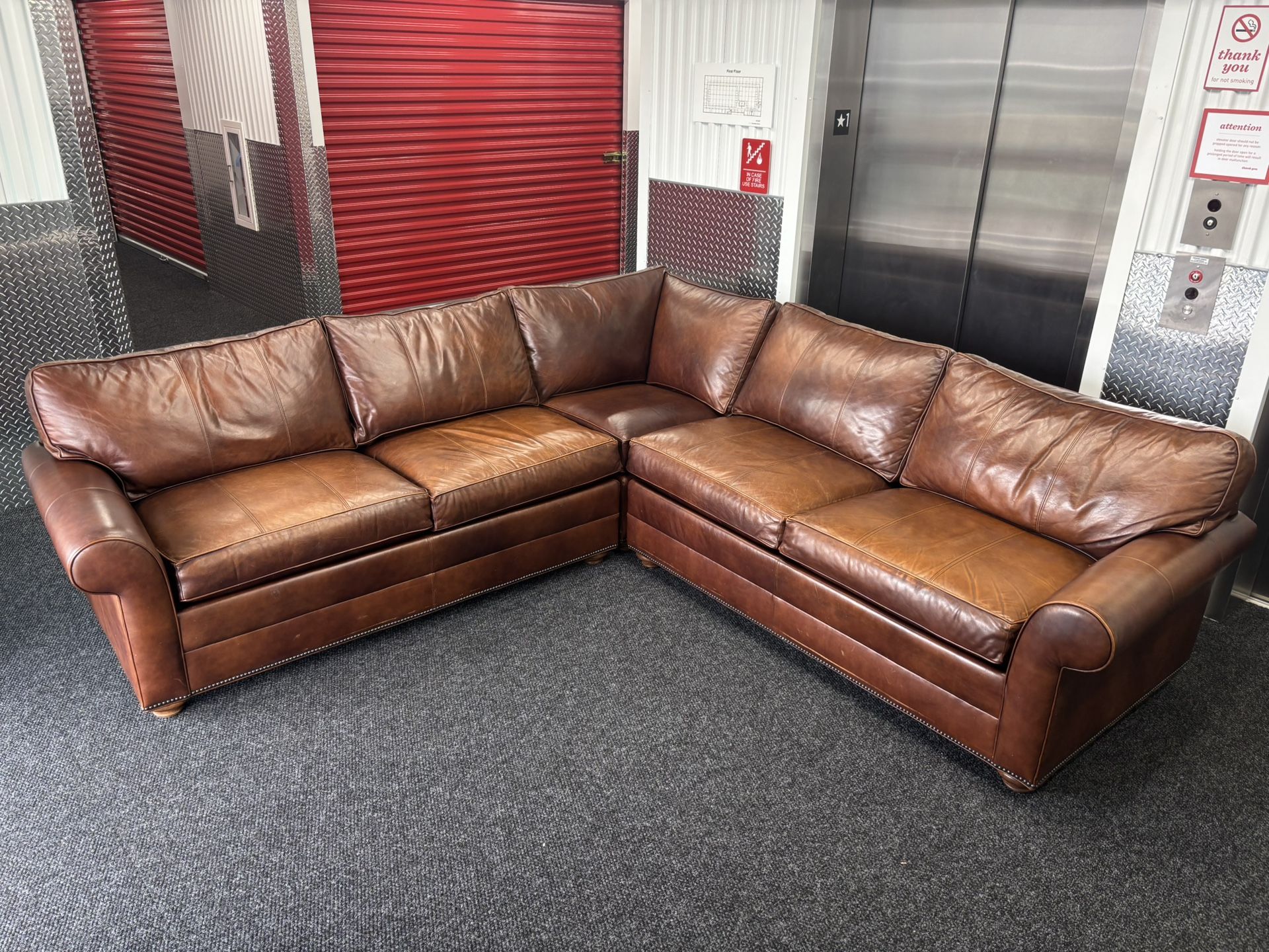 Ethan Allen Bennett Roll-Arm Leather Three-Piece Sectional With Nail Head Trim
