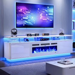 White TV Stand with Electric Fireplace and LED Lights