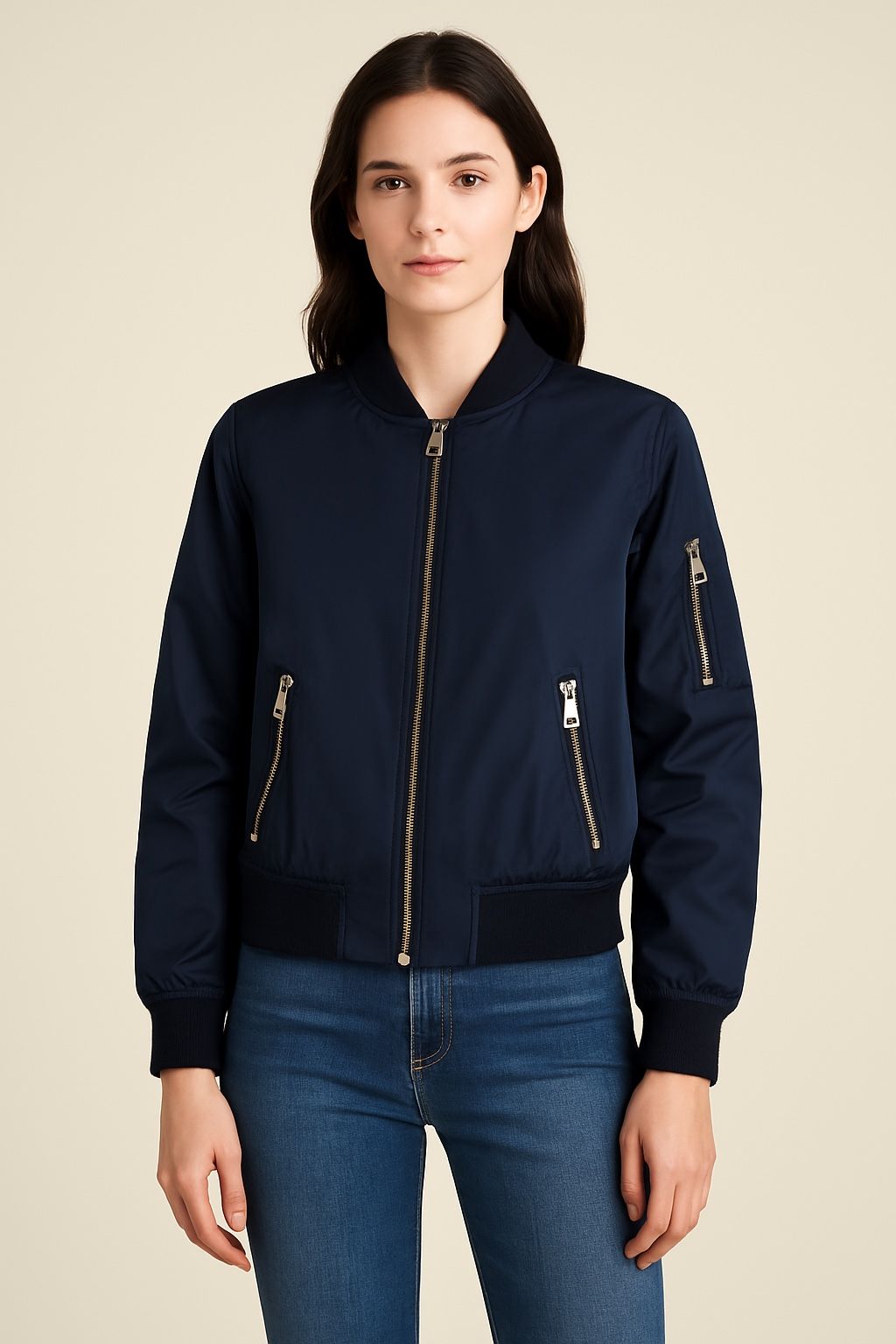 Levi’s Women’s Navy Blue Bomber Jacket – Size M – Silver Zippers, Lightweight, Excellent Condition