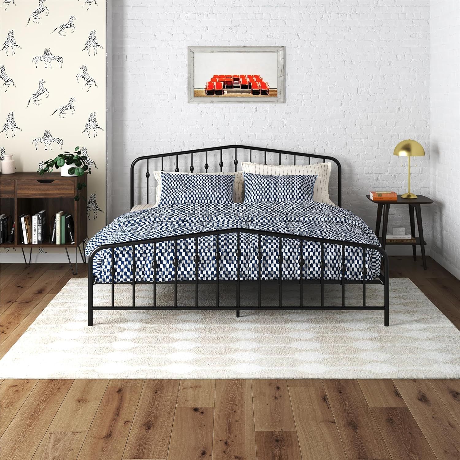 King Size Bushwick Modern Metal Bed, Slightly Triangular Headboard and Footboard with Inset Spindles, Adjustable Base Height for Underbed Storage, Req