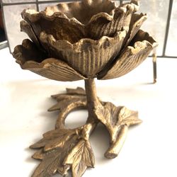 Vintage Floral Antique Gold Cast Iron Rose Petals Flower Decor Candle Holder - Heavy  Approximately 5 inches tall by 6 inches wide 