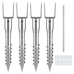 No Dig Ground Anchor, 4 Pack 3.94 x 2.76 x 27.56 in DIY Screw in Post Stake, Includes 6 Lag Bolts & a Rebar, U-Shape Heavy Duty Steel Post Holder, Gre