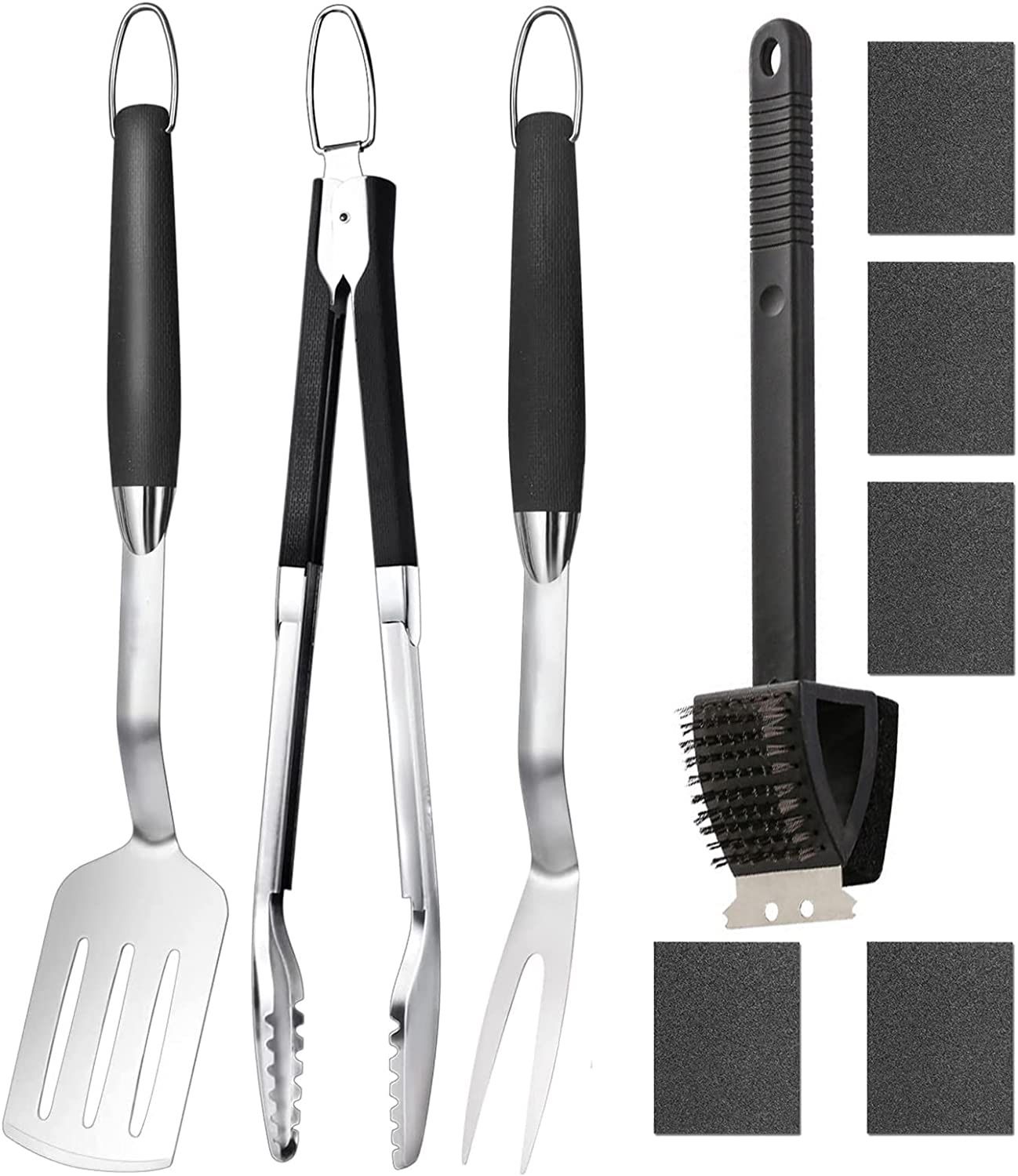 18'' BBQ Grill Accessories Heavy Duty 9 Pcs Grilling Tools, Stainless Steel BBQ Grill Tool Set w/Tongs, Spatula, Fork and Brush - Accessories for Outd