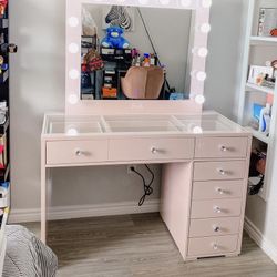 Makeup Vanity PINK Glass Top With Bluetooth Mirror 
