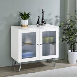~Beautiful Accent Cabinet in White High Gloss and Chrome with Glass Shelf~