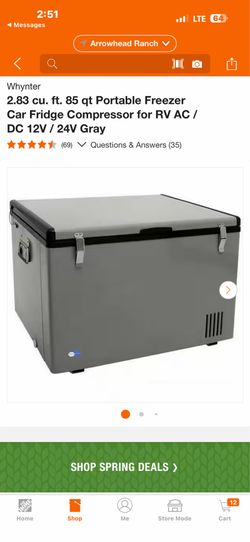 Whynter 2.83 cu. ft. 85 qt Portable Freezer Car Fridge Compressor for RV AC / DC 12V / 24V Gray