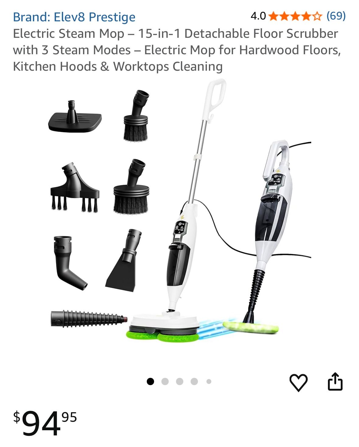 Electric Steam Mop – 15-in-1 Detachable Floor Scrubber with 3 Steam Modes – Electric Mop for Hardwood Floors, Kitchen Hoods & Worktops Cleaning