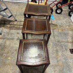 Set of 3 Wood Side Tables (old English) w/ Leather Tops