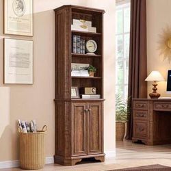 SALE! 6-Tier Storage Organizer 72" Tall Farmhouse Bookcase with Doors for Home or Office, Brown