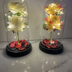 Yellow And White Rose With Rose Petals In Glass Dorm