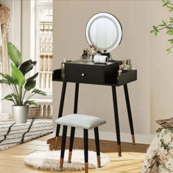 Makeup Vanity Table Set with Stool, Vanity Table with Mirror and Light Power Outlet, Adjustable, Black
