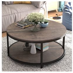 NSdirect Round Coffee Table,36" Coffee Table for Living Room,2-Tier Rustic Wood Desktop with Storage Shelf Modern Design Home Furniture(Light Walnut)
