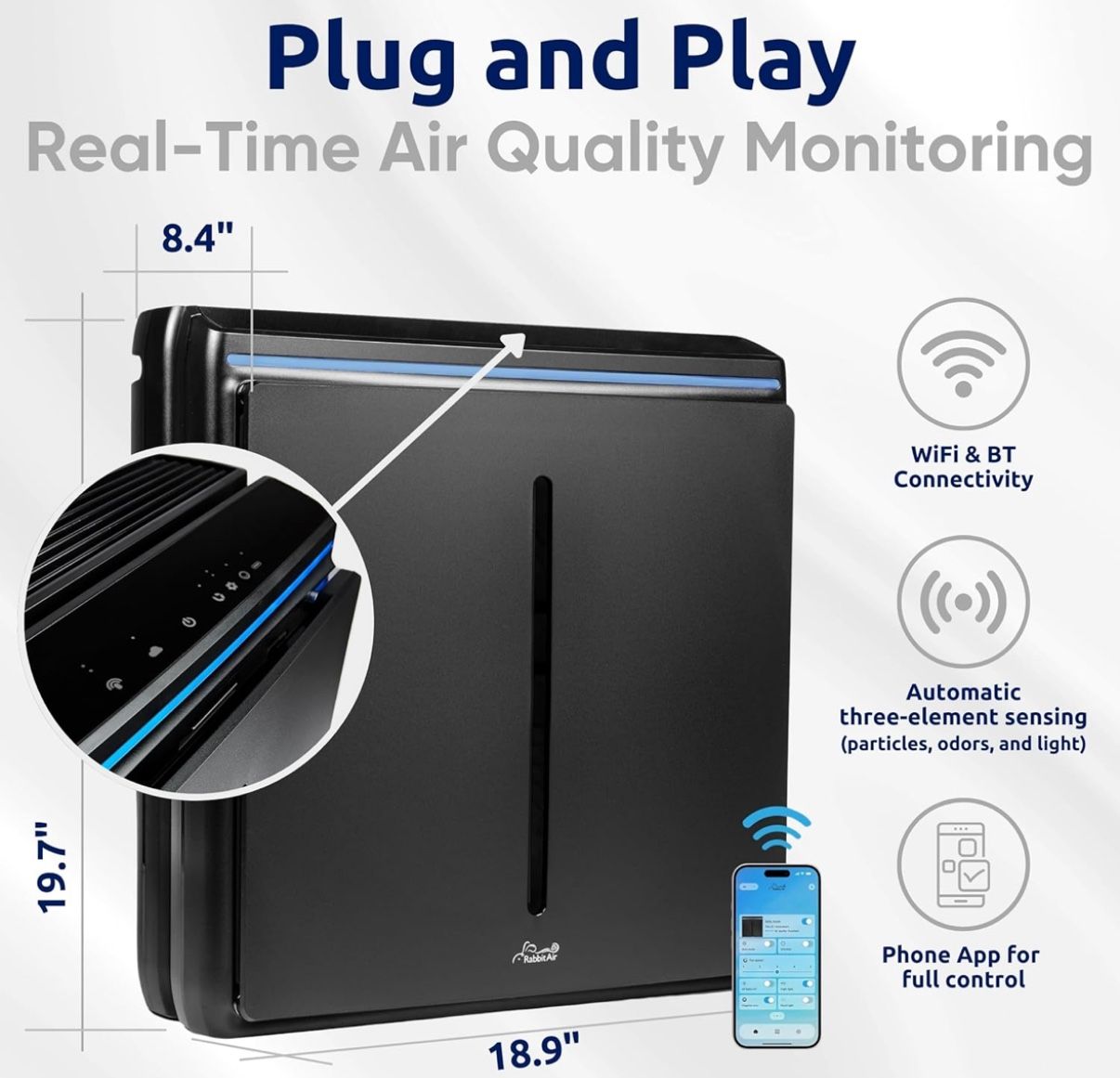 Rabbit Air, A3 SPA-1000N Air Purifiers for Home, Ultra Quiet HEPA Air Purifier - Wall Mountable Air Purifiers for Home Large Room, Allergies, Dust, Mo