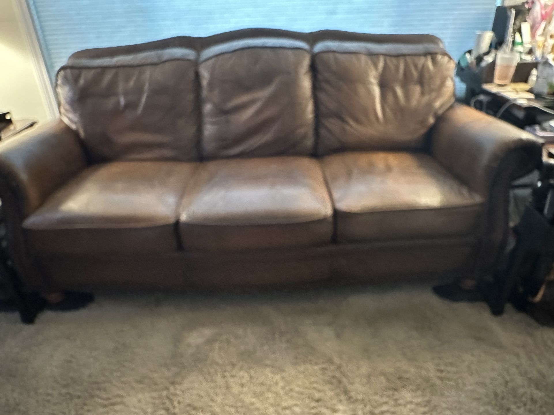 Brown Leather Couch, Love Seat And Ottoman Set