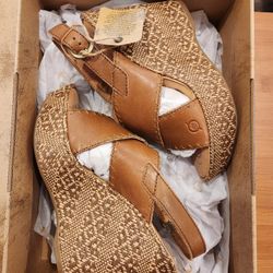 New with Tag in Box Born Adalina wedge sandals in tan and golden sand fig, size 7 