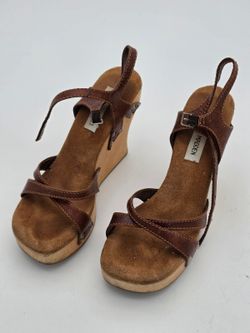 Steve Madden Ranson Brown Leather Strappy Wood Wedge Sandals Womens Size 8B
