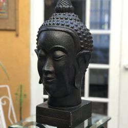 Antique Buddha Head on Glass + Iron Stand