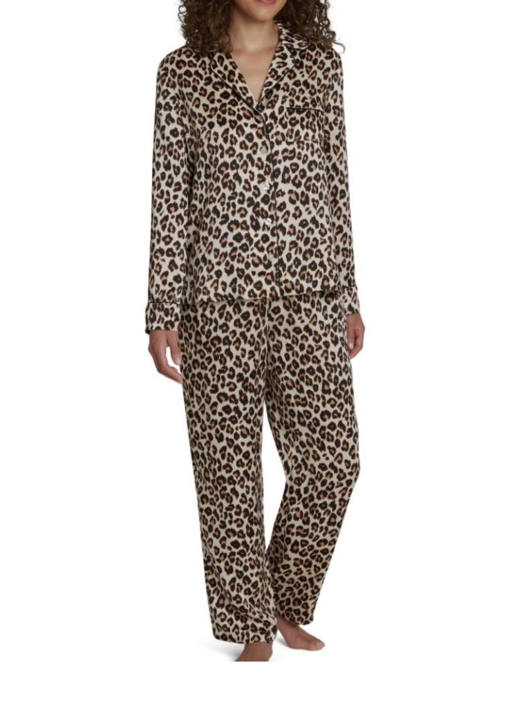 Loft Pajama Set Leopard Small Satin Notch Collar with Button