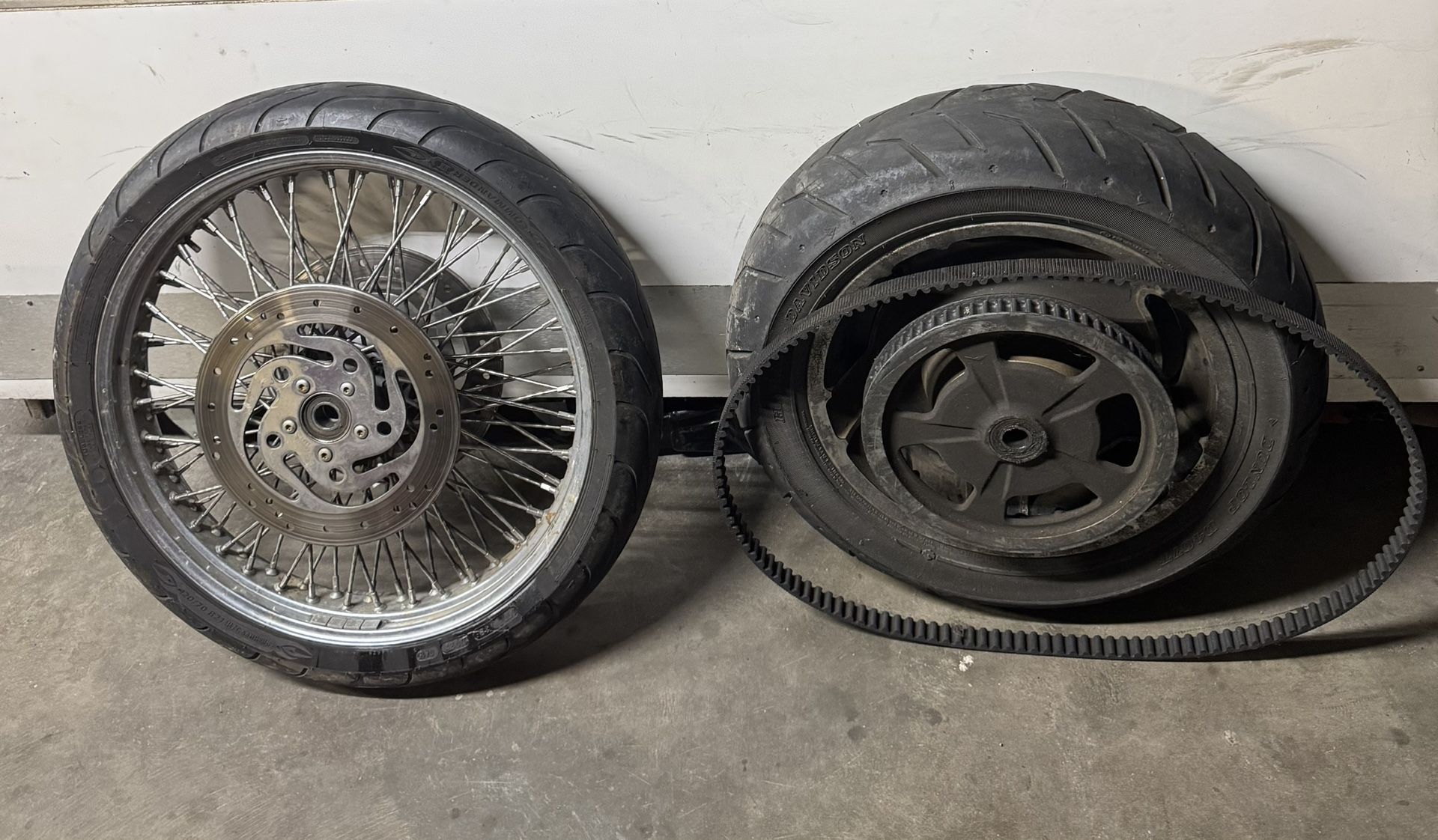 $100 Harley Davidson Front Wheel(2004) .Rear Wheel (2009)And Belt .