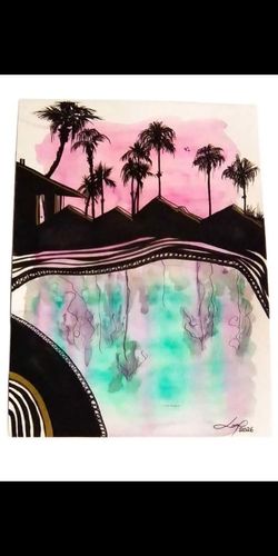 Original Watercolor original signed Palm Tree Landscape Painting