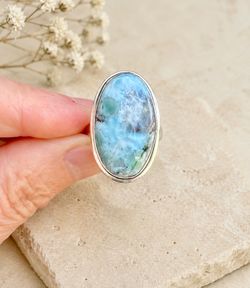 Natural Genuine Larimar 925 Silver Ring-Sz 8