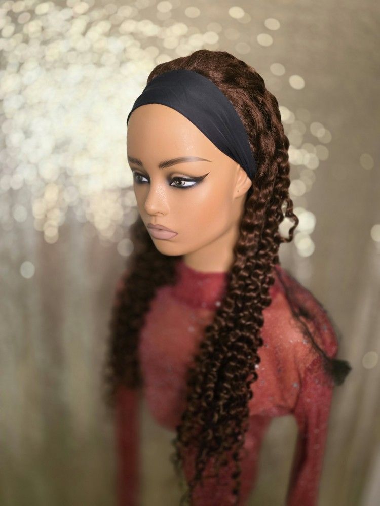 26" Chocolate Auburn Curly Headband Synthetic Hair Blend New