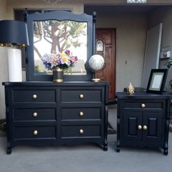 6 Drawer Dresser With Mirror And Nightstand - All Solid Wood- Black With Gold 