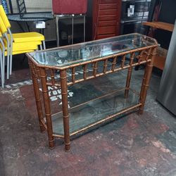 Patinated Metal Faux Bamboo Console Table 