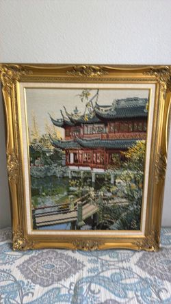 Framed Asian Temple Cross Stitch Needlework