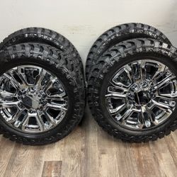 NEW 20 inch chrome Gm style wheels wrapped in atturo mt 33x12.50r20 tires 8 lug 8x6.5 bolt pattern