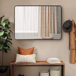 Black Metal Framed Rectangular Wall Mirror 24" x 36" Bathroom Mirror with Peaked Trim for Entryways, Living Rooms, Bathrooms