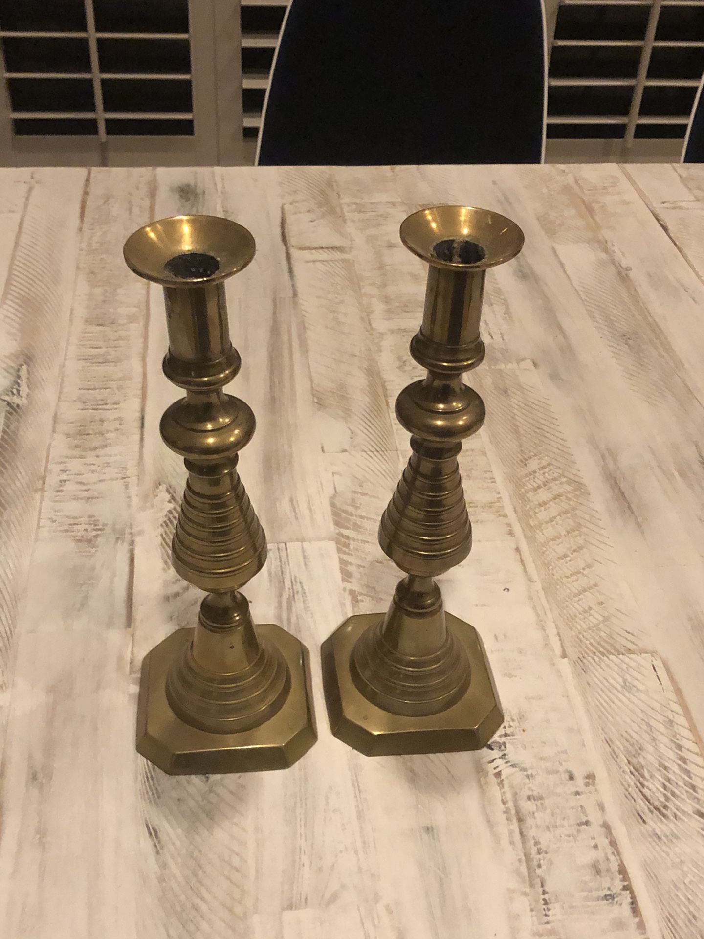Set of 2 - Vtg. 12”T solid brass candle holders