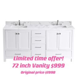 72 inch Bathroom Vanity Set, White Double Sink Bathroom Vanity with White Engineered Stone Top