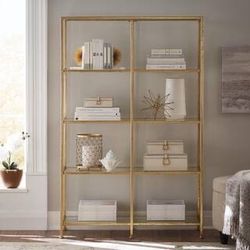 Double Gold Metal and Glass 4-Shelf Accent Bookcase with Open Back (62 in. H x 40.75 in. W)