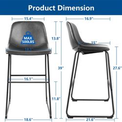 【Various colors】Pu Leather Bar Stools Rustic Barstools with Back and Footrest, Kitchen Bar Height Stool Chairs Set of 2