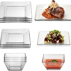 Libbey Tempered Glass Dinnerware Set, Sleek Square Clear Glass Plates and Bowls Set of 12, Dishwasher Safe Dinnerware for Parties or Everyday Use