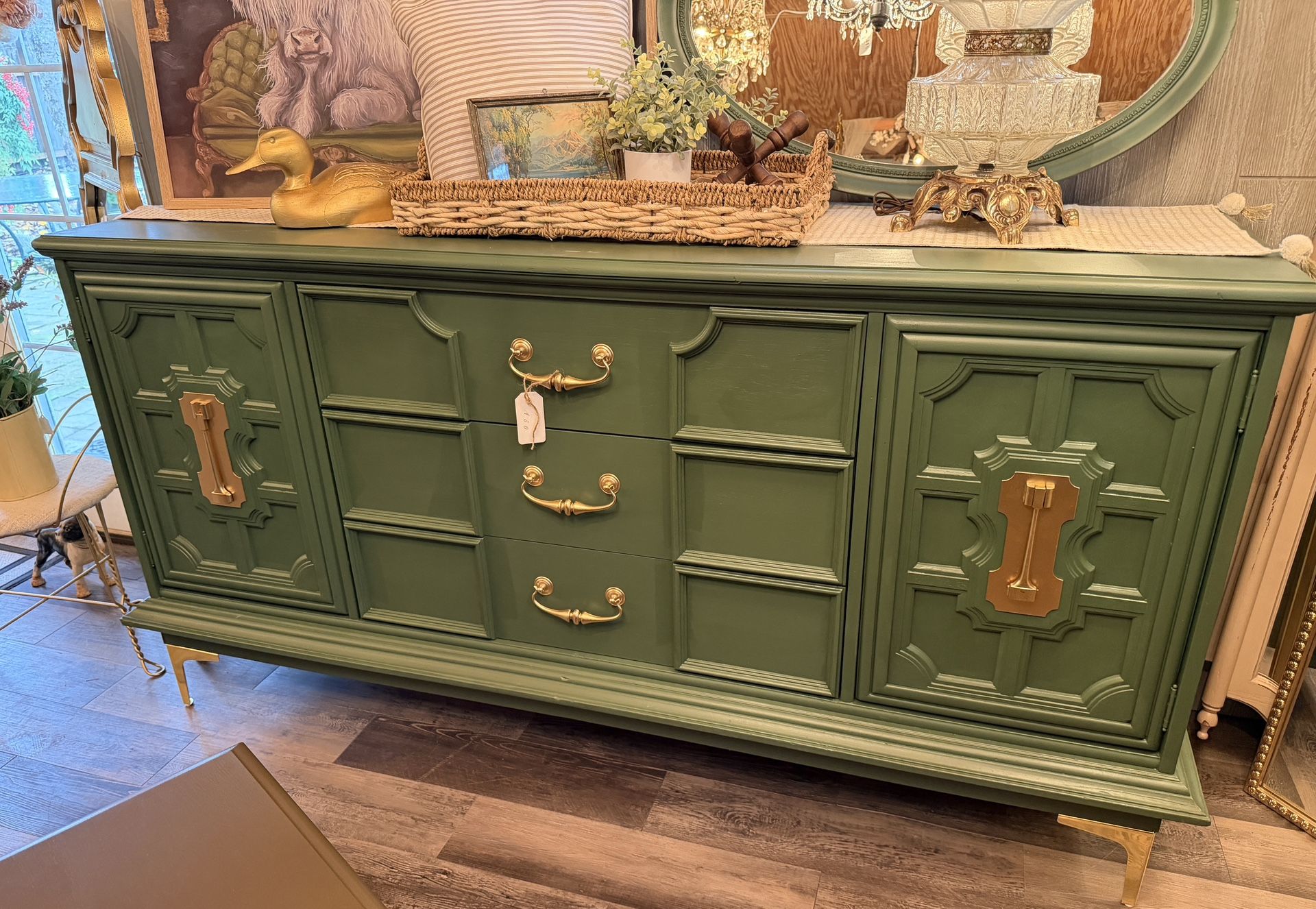 Beautiful Green & Gold 9 Dr Dresser / Sideboard 