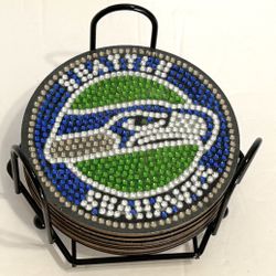 6pc Seattle Seahawks Coaster Set Handcrafted Wood & Rhinestone NEW