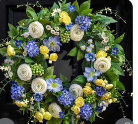 New 24 Inch Spring Wreath For Front Door, Artificial Hydrangea, Anemone & Wild Daisy Flowers With Berry Accents, Spring And Summer Door Wreath For Ind