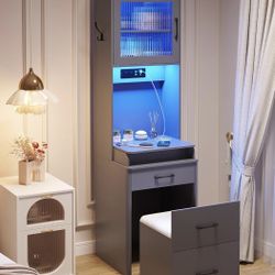 Tall Vanity Desk set with Mirror, Stool , USB setup & LED Lights.