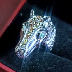 DIAMOND RUBY AND EMERALD STERLING HORSE HEAD RING