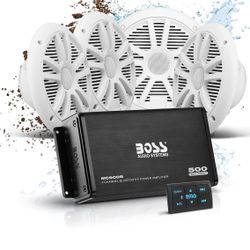 BOSS Audio Systems ASK904B.64 Marine Boat 6.5 inch Speakers and 4 Channel Amplifier - 500 High Output, Bluetooth Remote, USB and Auxiliary, Waterproof