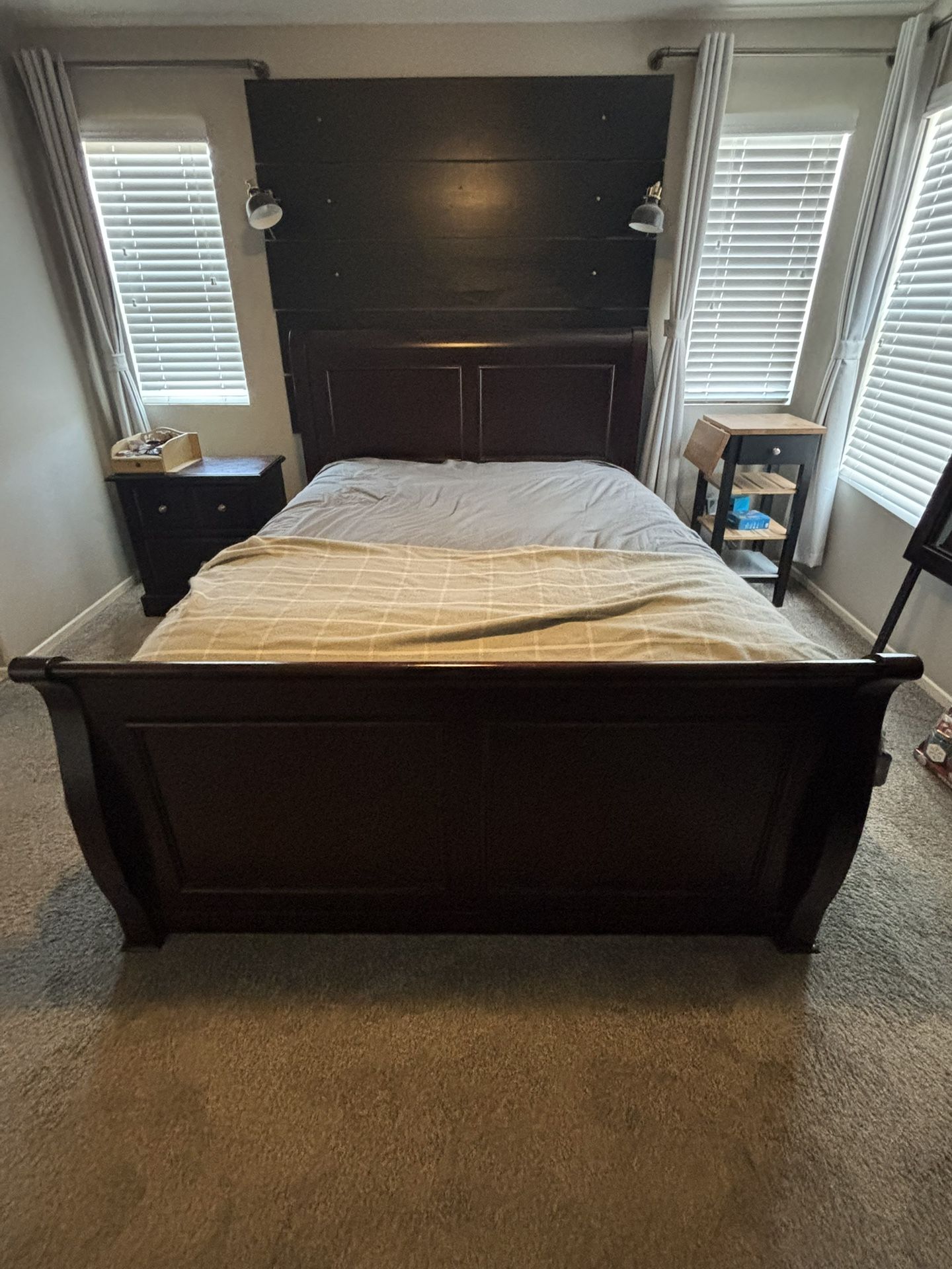 Brown Wood Bed Frame And Mattress - King bed