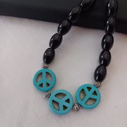 Unique Handcrafted Turquoise Peace Beads And Black Glass Beaded Stretch Bracelet 