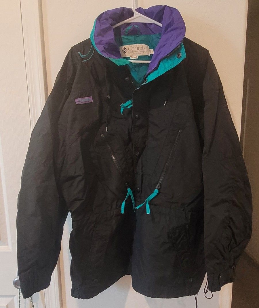 Columbia Sportswear Vintage 90s Hoodie Windbreaker Parka Jacket Black Aqua Sz L
