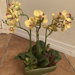 Faux Orchid and Succulents in Ceramic Planter Box