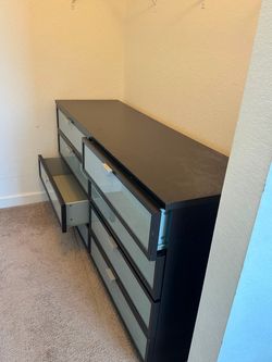 Black Wide Dresser with Glass Front Drawers