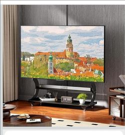 Arc-Shaped Art Mobile TV Stand Rolling TV Cart with Wheels for Most 50-100 Inch TV Portable Floor TV Stand with 2-Tier Wooden Shelves, Height Adjustab